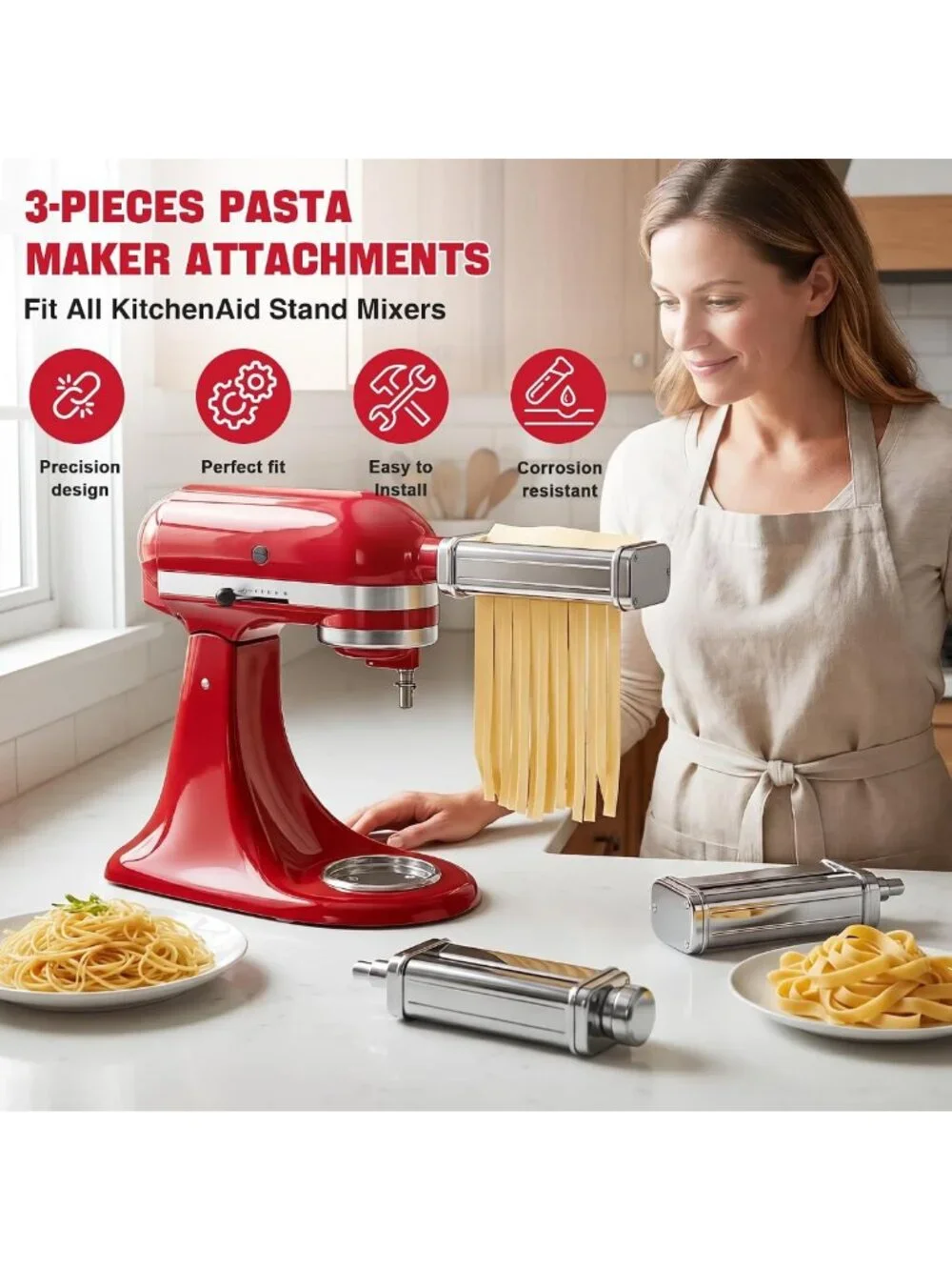 3PCS Stainless Steel Pasta Maker Set for Stand Mixers, Adjustable Thickness